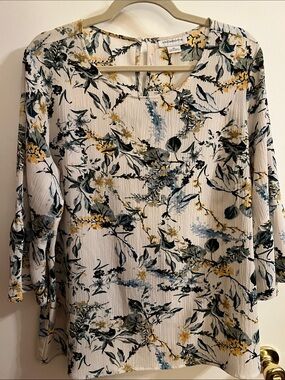 Liz Claiborne Cream Floral Tunic with Yellow & Green Print